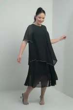 Robe midi en mousseline doublée à manches courtes à volants pour femme, grande taille, ornée de pierres