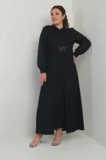 Kadın Kolu Ve Önü Pullu Büyük Beden Uzun Tesettür Elbise