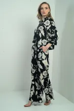 Women's Floral Print Long-Sleeve Shirt Two-Piece Set with Elastic Waist and Drawstring