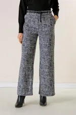 Beli Lastikli Kemerli Yandan Cepli Cam Kırığı Desenli Palazzo Pantolon