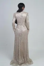 Kadın Kolu Tüylü Boncuk Ve Pullu Astarlı Tül Uzun Elbise