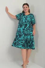 Kadın V Yaka Karışık Yaprak Desenli Cepli Eteği Fırfırlı Büyük Beden Elbise