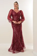 Front Back V Neck Glittery Flock Print Plus Size Long Dress