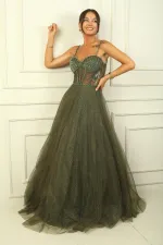 Strapless, Draped Front, Lined, Underwire, Laced Back, Long Glittery Dress