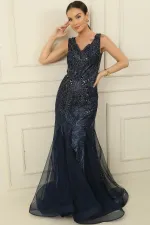 Pul Ve Boncuklu Astarlı Arkası Bağlamalı Simli Uzun Balık Elbise