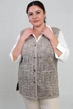 Kadın Önü Metal Düğmeli Celi Kazayağı Desenli Büyük Beden Kısa Triko Yelek