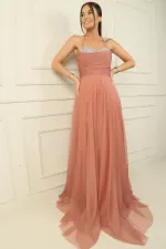 Önü Drapeli Taş Detaylı Astarlı Uzun Tül Abiye Elbise