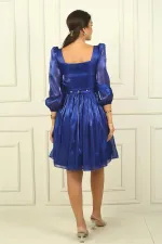 Women's Square Neck Long Sleeve Belted Pleated Organza Short Dress