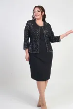 Women's Sequin Embellished Beaded Tulle Jacket, Half-Moon Sleeve Short Dress, Lined Crepe, Plus Size 2-Piece Set