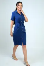 Kadın Ön Bağlamalı Cepli Önü Düğmeli Astarlı Kısa Lyocell Elbise