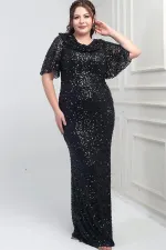 Kadın Degaje Yaka Kısa Kollu Astarlı Pullu Büyük Beden Likralı Elbise