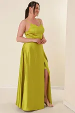 Strappy, Lined, Front Slit Plus Size Long Satin Dress