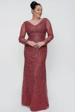 Front Back V Neck Sleeves Tulle Lined Stoned Long Plus Size Dress