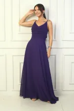 Kadın İp Askılı Drapeli Astarlı Şifon Uzun Elbise