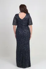 Kadın Degaje Yaka Kısa Kollu Astarlı Pullu Büyük Beden Likralı Elbise