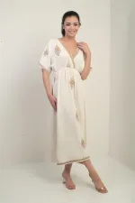 Women's Wrap Neckline Back Lace-Up Embroidered Long Dress