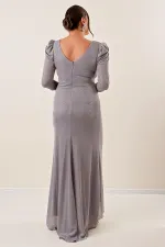 Robe longue pailletée à manches trois-quarts et volants sur le devant, grande taille