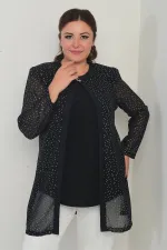 Ensemble deux pièces grande taille : chemisier à manches longues en lycra pour femme et veste en mousseline à pois dorés.