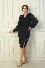 Kadın Boncuklu Kruvaze Yaka Astarlı Beli Kemerli Şifon Kollu Midi Elbise