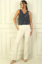 Pantalon espagnol taille haute, à poches, extensible et à jambes larges