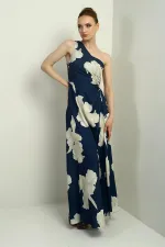 Women's One Shoulder Side Window Large Leaf Patterned Long Crepe Satin Dress