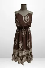 Kadın Ön Arka v Yaka Beli Lastikli Cepli Çiçek Desenli Rahat Kalıp Elbise