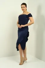 Women's Madonna Neckline Draped Asymmetrical Satin Short Dress