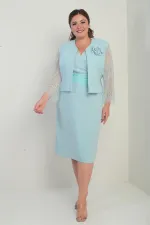 Kadın Kruvaze Yaka Beli Drapeli Elbise Kolları Tül Ceket Astarlı Pul Detaylı Büyük Beden 2'li Takım