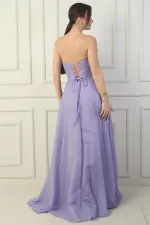 Robe de soirée longue pour femme, sans bretelles, boutonnée sur le devant, lacée au dos, à jupe à volants