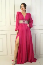 Robe de soirée longue en mousseline de soie avec col en V et doublure brodée pour femme