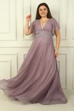 Kadın Ön Arka V Yaka Beli Taş İşlemeli Astarlı Simli Büyük Beden Abiye Elbise