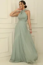 Boyundan Bağlamalı Astarlı Uzun Tül Elbise