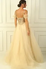 Long Tulle Dress with Beaded Top and Lace-Up Front Window
