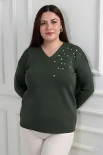 Chemisier en maille à strass grande taille pour femme, col en V