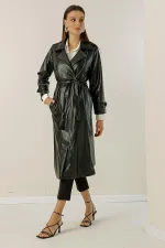 Trench-coat doublé en similicuir avec ceinture et poches latérales