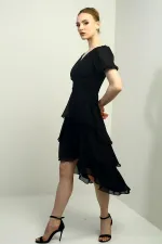 Kadın Kruvaze Yaka Arkası Fermuarlı Katkat Pileli Şifon Elbise