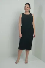 Cowl Neck Stone Detailed Lined Plus Size Crepe Midi Dress