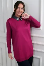 Chemisier tunique en maille à col chemise orné de pierres pour femme