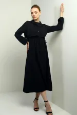 Women's Button-Down Detachable Vest, Elastic Waist, Long-Sleeved Midi Dress