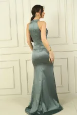 Women's Halter Neck Lined Front Gathered Stone Striped Long Satin Dress