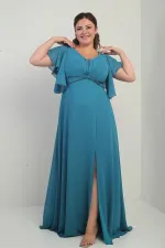 Robe en mousseline de soie grande taille pour femme, col en V, manches à volants, taille doublée, poche perlée