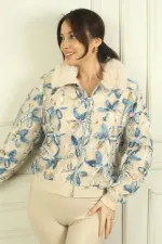 Veste en tulle à motif floral, fermeture éclair et col en fourrure pour femme