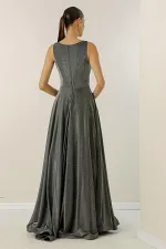 V Yaka Hayal Tüllü Simli Astarlı Abiye Elbise