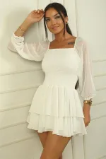 Square Neck, Belted Waist, Lined, Layered Chiffon Dress