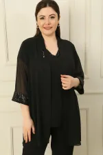 Ensemble 2 pièces grande taille : chemisier sans manches à sequins et col en V, veste en mousseline à détails bronzés et poignets à sequins.