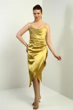 Robe midi asymétrique à bretelles, drapée et doublée pour femme