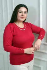 Chemisier en maille à froid grande taille pour femme, orné de perles aux manches et au col.