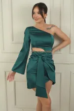 Women's Single Sleeve Low-Cut Chain-Bow Detailed Lined Short Satin Dress