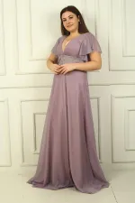 Kadın Ön Arka V Yaka Beli Taş İşlemeli Astarlı Simli Büyük Beden Abiye Elbise