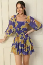 Square Neck, Waistband, Lined, Abstract Pattern, Layered Chiffon Dress